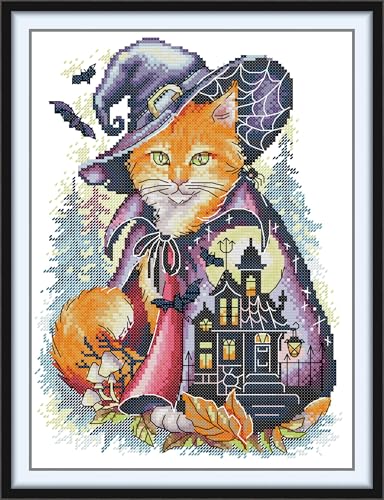artcici Vorgedrucktes Halloween-Katzenschloss Kreuzstich-Set für Anfänger, 11 Karat, DIY-Stickset mit sortierten Fäden, geprägten Mustern, Handarbeitsbedarf (Dunkelviolett) von artcici