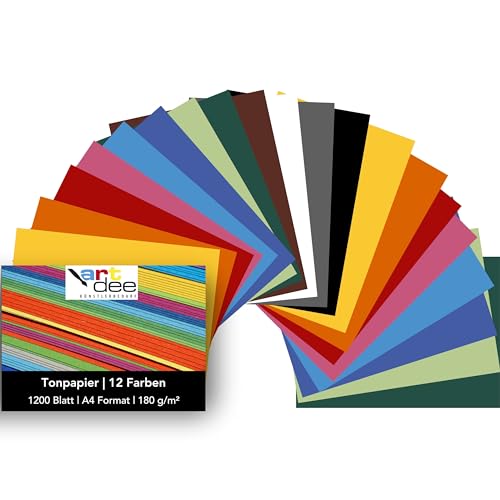 artdee® Tonpapier bunt in 12 verschiedenen Farben 180 g/m² – Bastelpapier Set (1200 Blatt gemischt in DIN A4) – Buntes Papier zum Basteln – Bastelpapier bunt für Kinder und Erwachsene von artdee