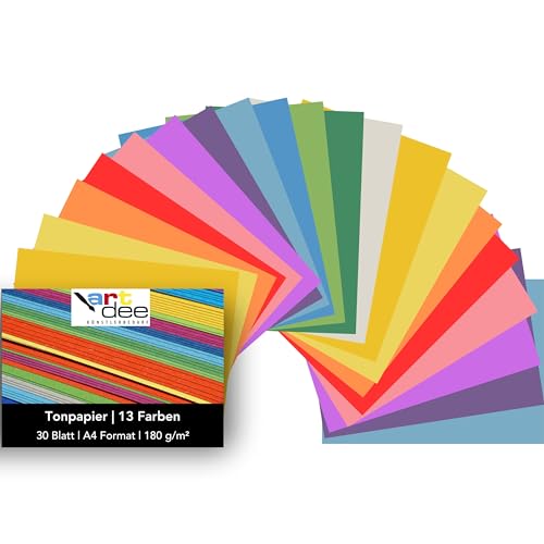 artdee® Tonpapier bunt in 13 verschiedenen Frühlingsfarben 180 g/m² – Bastelpapier Set (30 Blatt gemischt in DIN A4) – Buntes Papier zum Basteln – Bastelpapier bunt von artdee