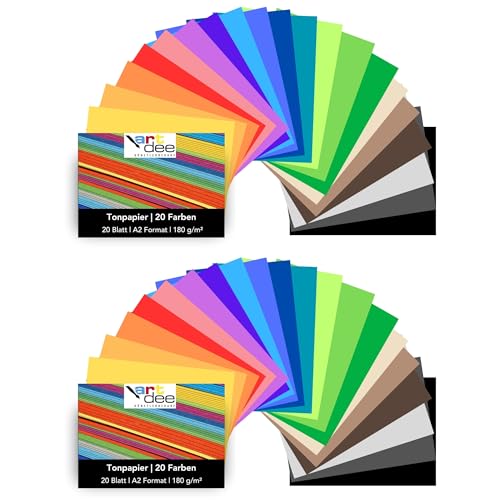 artdee® Tonpapier bunt in 20 verschiedenen Farben 180 g/m² – Bastelpapier Set (40 Blatt gemischt in DIN A2) – Buntes Papier zum Basteln – Bastelpapier bunt für Kinder und Erwachsene von artdee