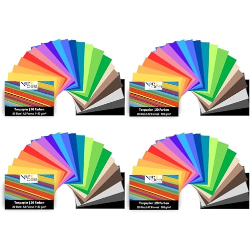 artdee® Tonpapier bunt in 20 verschiedenen Farben 180 g/m² – Bastelpapier Set (80 Blatt gemischt in DIN A2) – Buntes Papier zum Basteln – Bastelpapier bunt für Kinder und Erwachsene von artdee