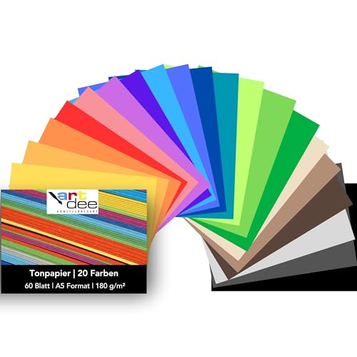 artdee® Tonpapier bunt in 20 verschiedenen Farben 180 g/m² – Bastelpapier Set (60 Blatt gemischt in DIN A5) – Buntes Papier zum Basteln – Bastelpapier bunt für Kinder und Erwachsene von artdee