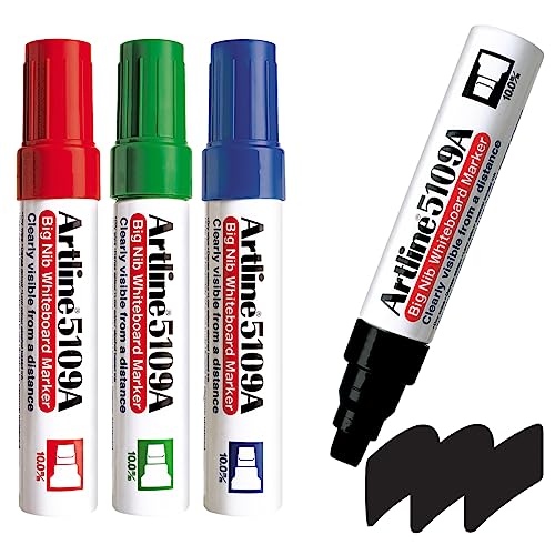 Artline 5109A Magnum Whiteboard-Marker mit großer Spitze, extra dicke 10,0 mm flache Spitze, Schreiben ist aus großer Entfernung lesbar, trocken abwischbar, geruchsarm, 4er-Pack: Schwarz, Rot, Blau, von Artline