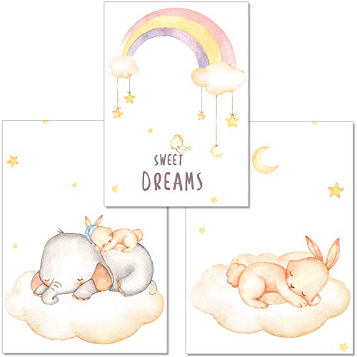 artpin® 3er-Set Poster Babyzimmer von Künstlerin - A4 Bilder für Kinderzimmer Mädchen Junge - Elefant,Hase,Regenbogen(P5) von artpin