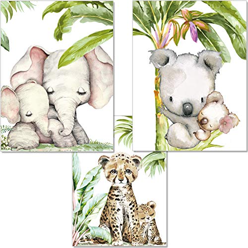 artpin® 3er Set Bilder Kinderzimmer Dschungel Deko Junge Mädchen - DIN A4 Poster Tiere ohne Bilderrahmen - Safari Afrika Wandbilder - Elefant Tiger Koala P54 von artpin