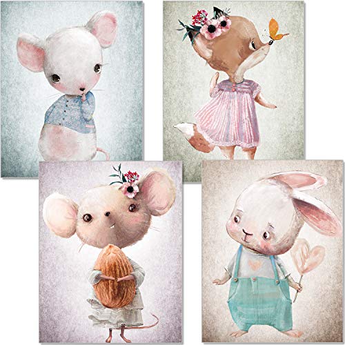 artpin® 4er Set Bilder Kinderzimmer - A4 Poster Babyzimmer - Maus Fuchs Hase pastellfarben Deko Mädchen Junge P56 von artpin