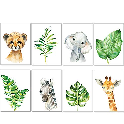artpin® 8er Set Bilder Kinderzimmer Mint Deko Junge Mädchen - A4 Poster Babyzimmer - Safari Dschungel Wandbilder Afrika Tiere - Porträt Elefant Tiger Giraffe Zebra (P37) von artpin