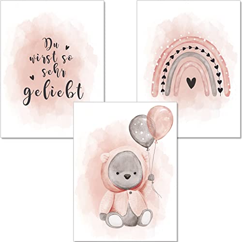 artpin® Poster Kinderzimmer, 3er Set Bilder Babyzimmer, Luftballon Baby Regenbogen Rosa P86 von artpin