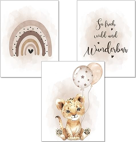 artpin® Poster Kinderzimmer Deko - A4 Bilder Babyzimmer in Sand für Jungen Mädchen - Safari Dschungel Tierposter Luftballon Tiger Beige (K6) von artpin