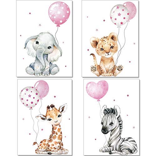 artpin® Poster Kinderzimmer Deko - Bilder Babyzimmer für Mädchen - Safari Dschungel Tierposter Grau Rosa Luftballon P64 von artpin