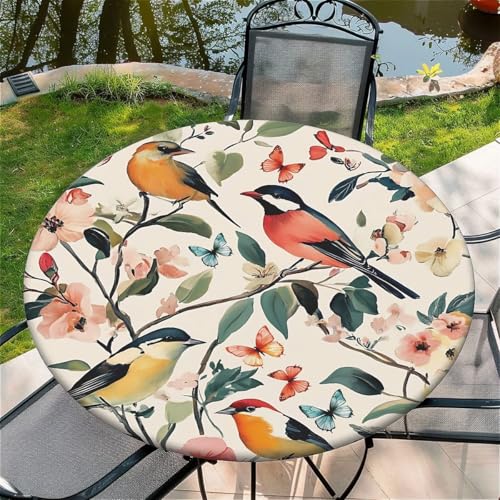 Outdoor Runde Tischdecke mit Gummizug Ø 36in(90cm)- Elastisch Garten tischdecke mit Blumen und Vögel Muster,Tische Gartentischdecke für Outdoor Küche Passend für 95-105cm von artslion