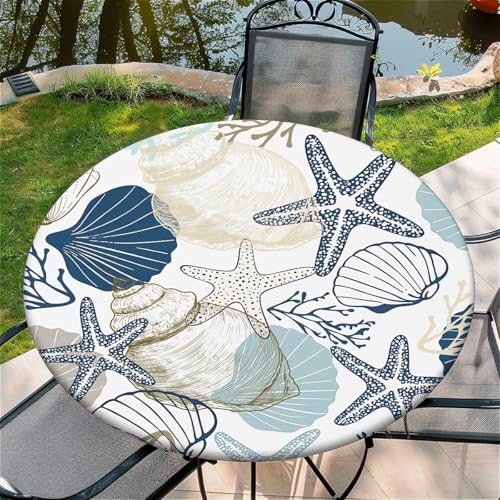 Outdoor Runde Tischdecke mit Gummizug Ø 36in(90cm)- Elastisch Garten tischdecke mit Seestern und Muschel Muster,Tische Gartentischdecke für Outdoor Küche Passend für 95-105cm von artslion