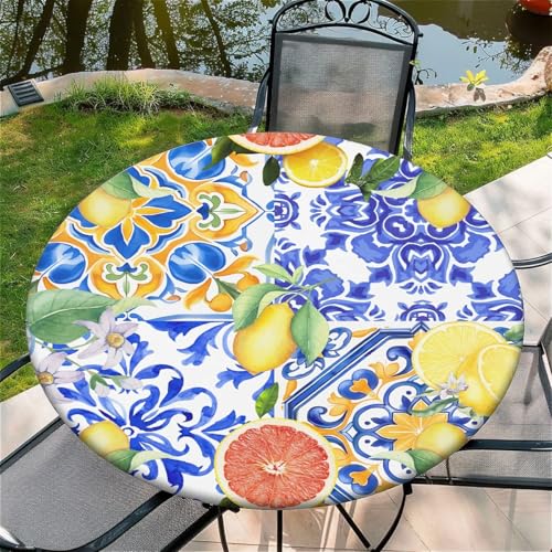 Outdoor Runde Tischdecke mit Gummizug Ø 36in(90cm)- Elastisch Garten tischdecke mit Zitronen-Blutorange Muster Passend für 75-85cm von artslion