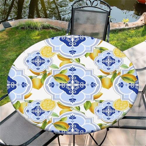 Outdoor Runde Tischdecke mit Gummizug Ø 36in-90cm Elastisch Garten tischdecke mit Zitronenblaue Blume Muster Passend für 75-85cm von artslion