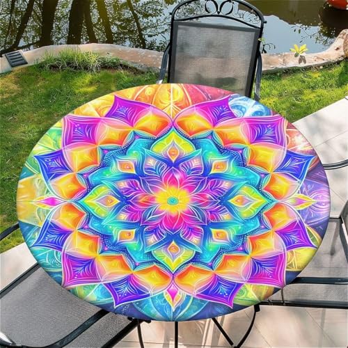 Outdoor Runde Tischdecke mit Gummizug Ø 44in(110cm)- Elastisch Garten tischdecke mit Farbene Mandala Muster,Tische Gartentischdecke für Outdoor Küche Passend für 105-115cm von artslion