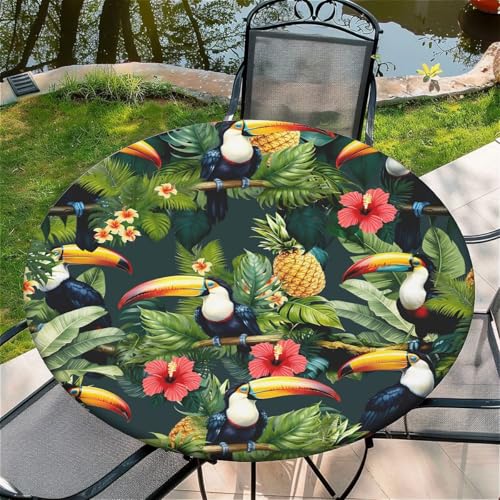 Outdoor Runde Tischdecke mit Gummizug Ø 44in(110cm)- Elastisch Garten tischdecke mit Grüner Nashornvogel Muster,Tische Gartentischdecke für Outdoor Küche Passend für 105-115cm von artslion