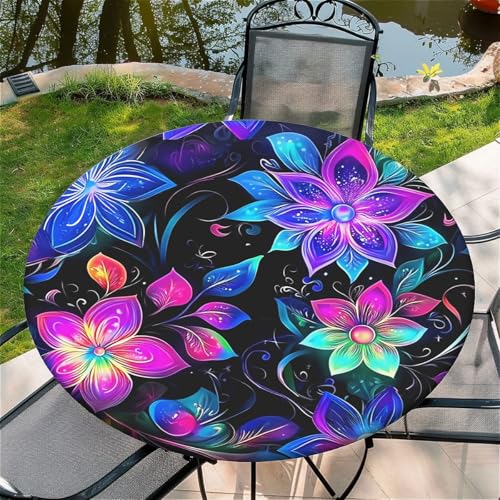 Outdoor Runde Tischdecke mit Gummizug Ø 44in(110cm)- Elastisch Garten tischdecke mit Neonblumen und -vögel Muster,Tische Gartentischdecke für Outdoor Küche Passend für 105-115cm von artslion