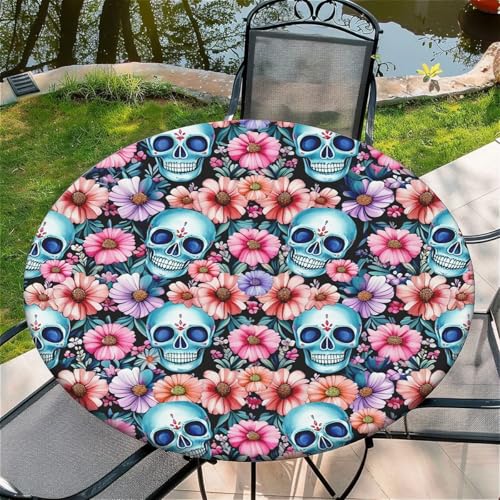 Outdoor Runde Tischdecke mit Gummizug Ø 44in(110cm)- Elastisch Garten tischdecke mit Schädel Muster,Tische Gartentischdecke für Outdoor Küche Passend für 105-115cm von artslion