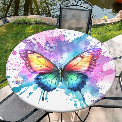 Outdoor Runde Tischdecke mit Gummizug Ø 44in(110cm)- Elastisch Garten tischdecke mit Schmetterling Muster,Tische Gartentischdecke für Outdoor Küche Passend für 105-115cm von artslion