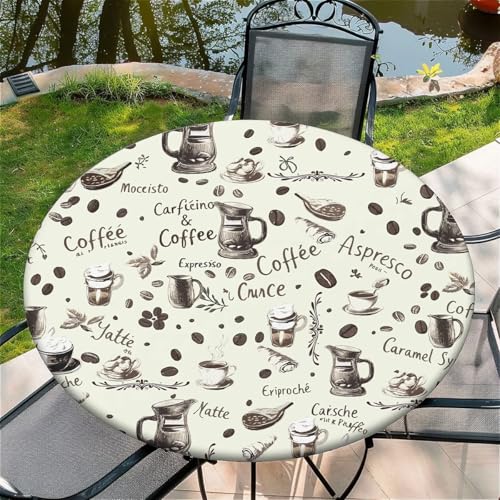 Outdoor Runde Tischdecke mit Gummizug Ø 44in(110cm)- Elastisch Garten tischdecke mit Vintage-Kaffee Muster,Tische Gartentischdecke für Outdoor Küche Passend für 105-115cm von artslion