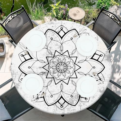 Outdoor Runde Tischdecke mit Gummizug Ø 44in-110cm- Elastisch Garten tischdecke mit Linien-Lotus Muster Passend für 95cm-105cm Outdoor Runde Tischdecke mit Gummizug Ø 44in-110cm- Elastisch Garten tischdecke mit Linien-Lotus Muster Passend für 95cm-105cm von artslion