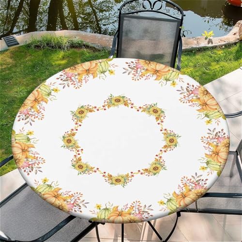Outdoor Runde Tischdecke mit Gummizug Ø 44in-110cm Elastisch Garten tischdecke mit Sonnenblumenkürbis Muster Passend für 95-105cm von artslion