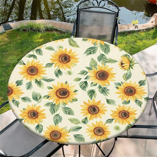 Outdoor Runde Tischdecke mit Gummizug Ø 48in(120cm)- Elastisch Garten tischdecke mitSonnenblumen Muster von artslion