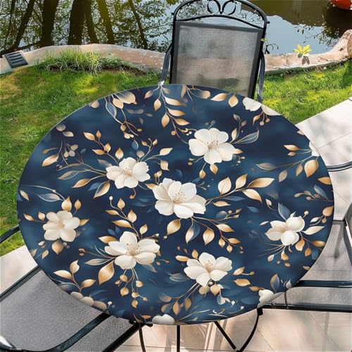 Outdoor Runde Tischdecke mit Gummizug Ø 48in(120cm)- Elastisch Garten tischdecke mitWeiße Blüten Muster von artslion