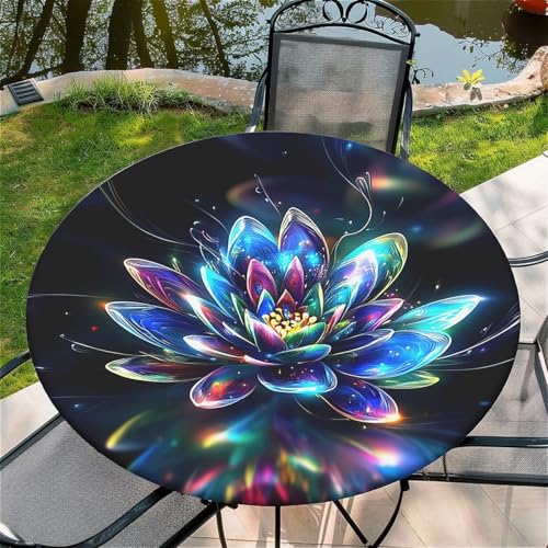 Outdoor Runde Tischdecke mit Gummizug Ø 52in(130cm)- Elastisch Garten tischdecke mit Bunt leuchtender Lotus Muster,Tische Gartentischdecke für Outdoor Küche Passend für 115-125cm von artslion