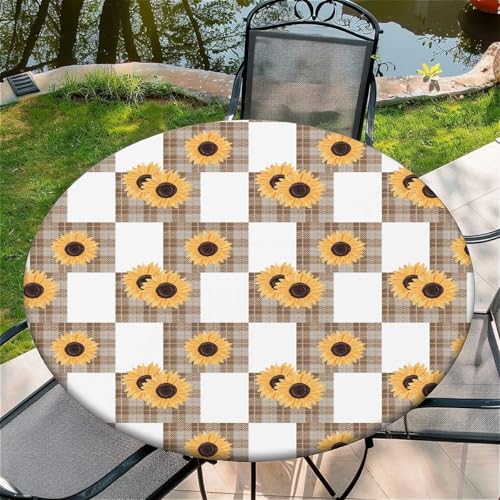 Outdoor Runde Tischdecke mit Gummizug Ø 52in(130cm)- Elastisch Garten tischdecke mitGestreifte Sonnenblumen Muster von artslion