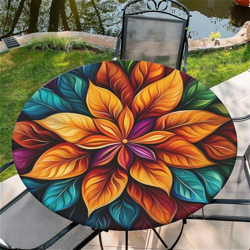 Outdoor Runde Tischdecke mit Gummizug Ø 52in(130cm)- Elastisch Garten tischdecke mitMandala-Blumen Muster von artslion