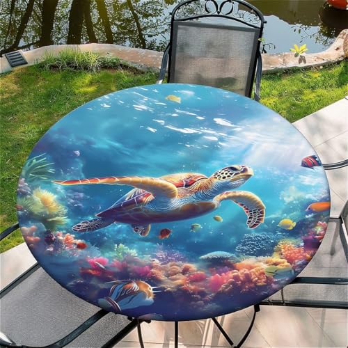 Outdoor Runde Tischdecke mit Gummizug Ø 52in(130cm)- Elastisch Garten tischdecke mitMeeresschildkröten Muster von artslion