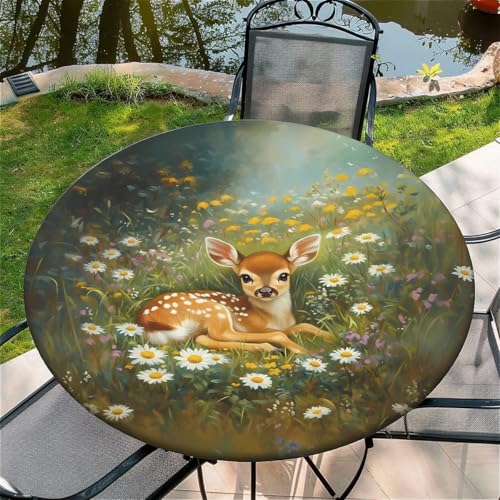 Outdoor Runde Tischdecke mit Gummizug Ø 52in(130cm)- Elastisch Garten tischdecke mitRehe im Wald Muster von artslion