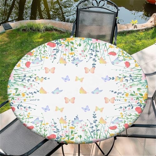 Outdoor Runde Tischdecke mit Gummizug Ø 52in(130cm)- Elastisch Garten tischdecke mitSchmetterlinge in den Blumen Muster von artslion