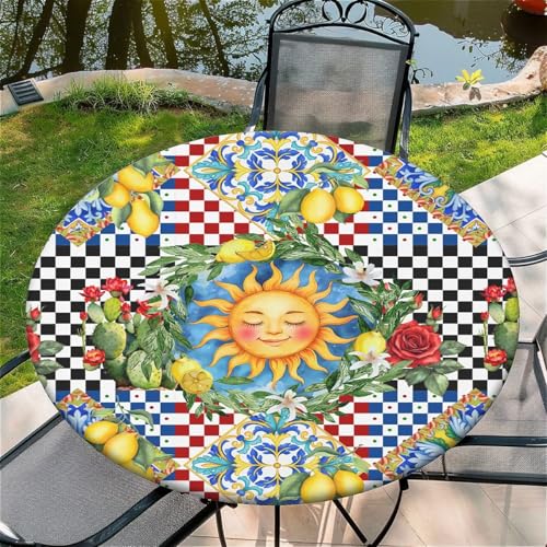 Outdoor Runde Tischdecke mit Gummizug Ø 60in(150cm)- Elastisch Garten tischdecke mit Sonnenquadrat-Schachbrettmuster Muster Passend für 135-145cm von artslion