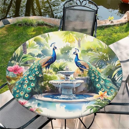 Outdoor Runde Tischdecke mit Gummizug Ø 60in-150cm Elastisch Garten tischdecke mit Pfau Muster Passend für 135-145cm von artslion