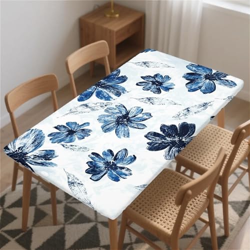 Rechteckige Tischdecken mit elastischem Rand für sicheren Sitz 30x72In （76x180cm） Abwischbare tischdecken aus PVC-freiem Stoff Blaue Blumen malen Designs für den Innen- und Außenbereich von artslion