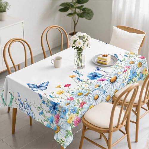 Rechteckige wasserdichte Tischdecken 52x72in(130 x 180 cm) Abwischbare tischdecken aus PVC-freiem Stoff Blaue Schmetterlingskamille Designs für den Innen- und Außenbereich von artslion