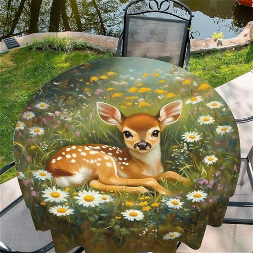 Tischdecke abwischbar Rund 60"(150x150cm), Garten tischdecke mit Blumenbusch Rehkitz Motiv, Dekorative Tischdeko für KücheEsszimmer tischdecke Outdoor wetterfest von artslion