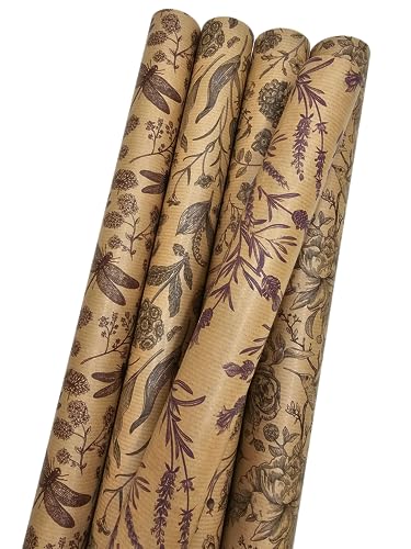 Geschenkpapier Set auf Rolle Retro Öko Recycling Papier 5 Rollen a` 2m x 70cm Natur Blumen Insekten Geschenkverpackung für Geburtstag Hochzeit Kraftpapier (Natur) von artwelten Home & Style