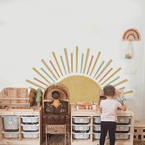 astrkiz Halbsonne Wandaufkleber Selbstklebend, Boho-Stil-Sonnen Wandsticker, transparentes PVC Wandtattoo für Kinder Mädchen Junge, wasserdichte Wanddeko Kinderzimmer, Babyzimmer, Boho blaue Halbsonne von astrkiz