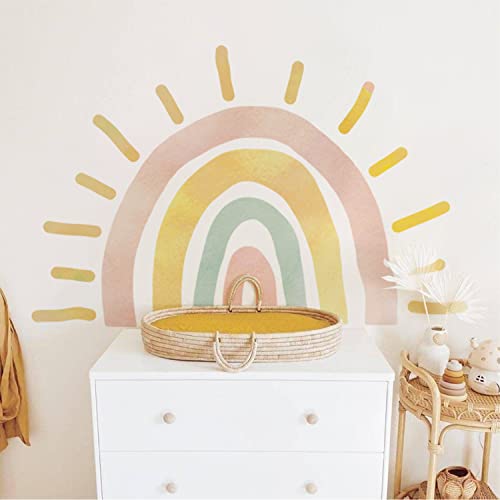 astrkiz selbstklebend Wandaufkleber für Kinder, Boho-Stil-Wandsticker Stoff-Effekt-Wandtattoo im Kinderzimmer Babyzimmer Spielzimmer, wasserdicht reißfest Fabric-Wandbild,Boho Regenbogen & Sonne L von astrkiz