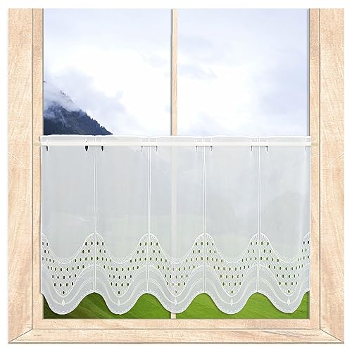 Elegante Scheibengardine Maike | Panneaux mit klassischer Bohrstickerei in Weiß-Beige | halbtransparente Kurzgardine für eine stilvolle Fensterdekoration | Höhe x Breite: 45 x 80 cm von atelier alles-Spitze