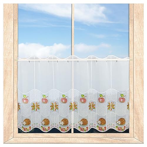 Herbstlich bestickte Scheibengardine Kleine Igel Plauener Spitze Kurzgardine (Höhe x Breite: 55 x 80 cm) von atelier alles-Spitze