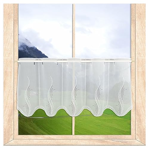 Modern bestickte Scheibengardine Luna – Panneau mit Vogtländischer Spitze in weiß-Taupe | Zeitloser Stickerei-Scheibenhänger mit Ornamenten | Elegante Kurzgardine für jeden Raum HxB 30 x 64 cm von atelier alles-Spitze