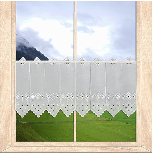 Scheibengardinen Lisa Kurzgardine Feenhausgardine mit Lochstickerei auf weißem Käseleinen in 3 Höhen Vogtländische Spitze (Höhe x Breite 30 x 112 cm) von atelier alles-Spitze