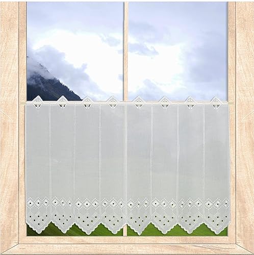 Scheibengardinen Lisa Kurzgardine Feenhausgardine mit Lochstickerei auf weißem Käseleinen in 3 Höhen Vogtländische Spitze (Höhe x Breite 45 x 128 cm) von atelier alles-Spitze