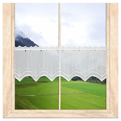 atelier alles-Spitze Dezent in weiß bestickte Scheibengardine Paula mit Perlenschnur-Stickerei | Zeitlose halbtransparente Kurzgardine | Höhe x Breite: 30 x 144 cm von atelier alles-Spitze