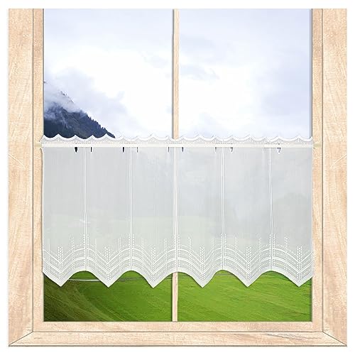 atelier alles-Spitze Dezent in weiß bestickte Scheibengardine Paula mit Perlenschnur-Stickerei | Zeitlose halbtransparente Kurzgardine | Höhe x Breite: 45 x 128 cm von atelier alles-Spitze
