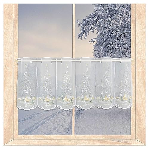 atelier alles-Spitze Hochwertige halbtransparente Winter-Scheibengardine Kleines Haus im Schnee | In weiß, beige, grün und Gold bestickte Kurzgardine | Höhe x Breite: 35 x 176 cm von atelier alles-Spitze